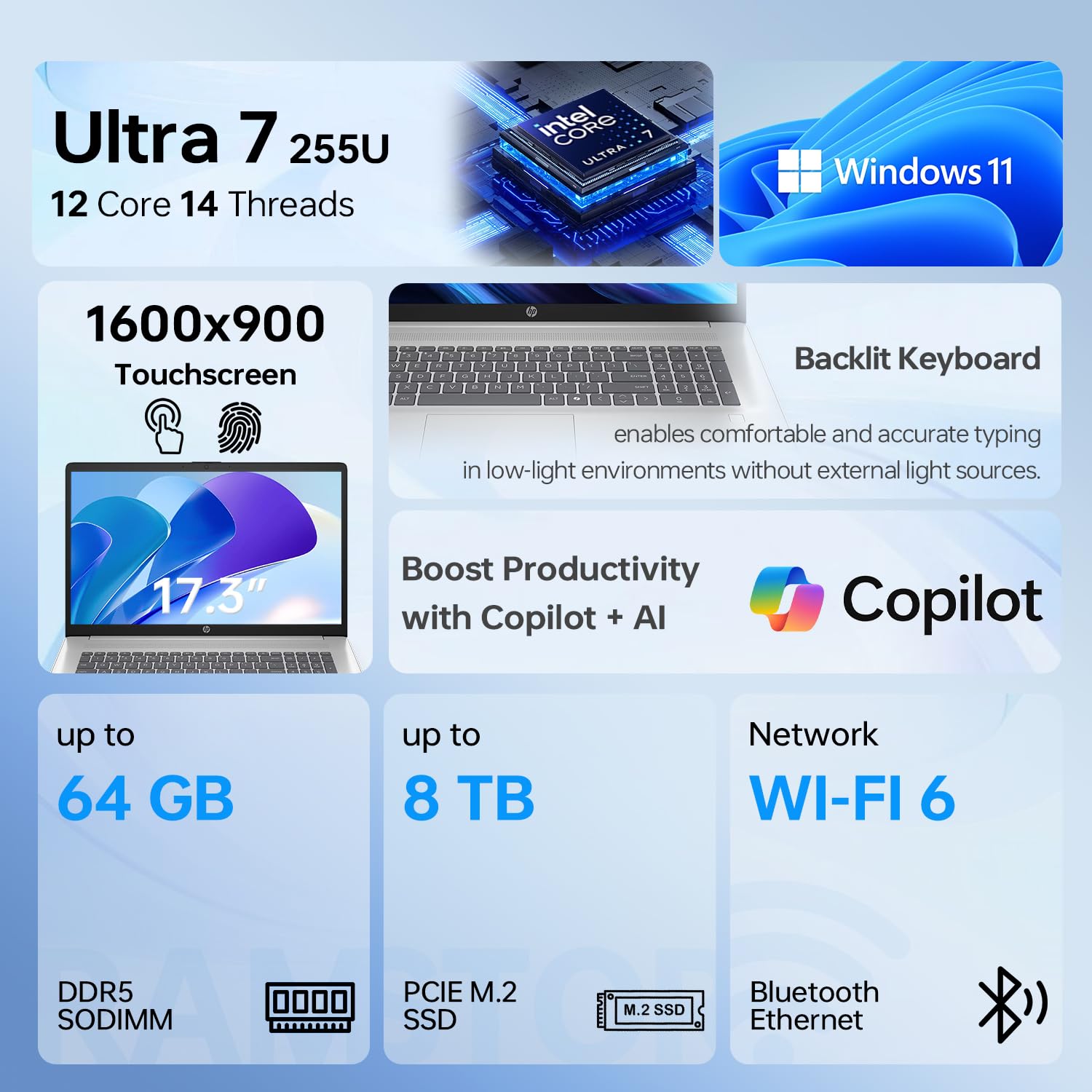 HP Business Copliot AI Laptop PC, 17.3" HD+ Touchscreen, Ultra 7 255U, 64GB DDR5 RAM, 4TB SSD, Wi-Fi 6, W11H, Backlit, Bundle with PCO Laptop Cooler & 512GB External SSD & Thunderobot Wireless Mouse