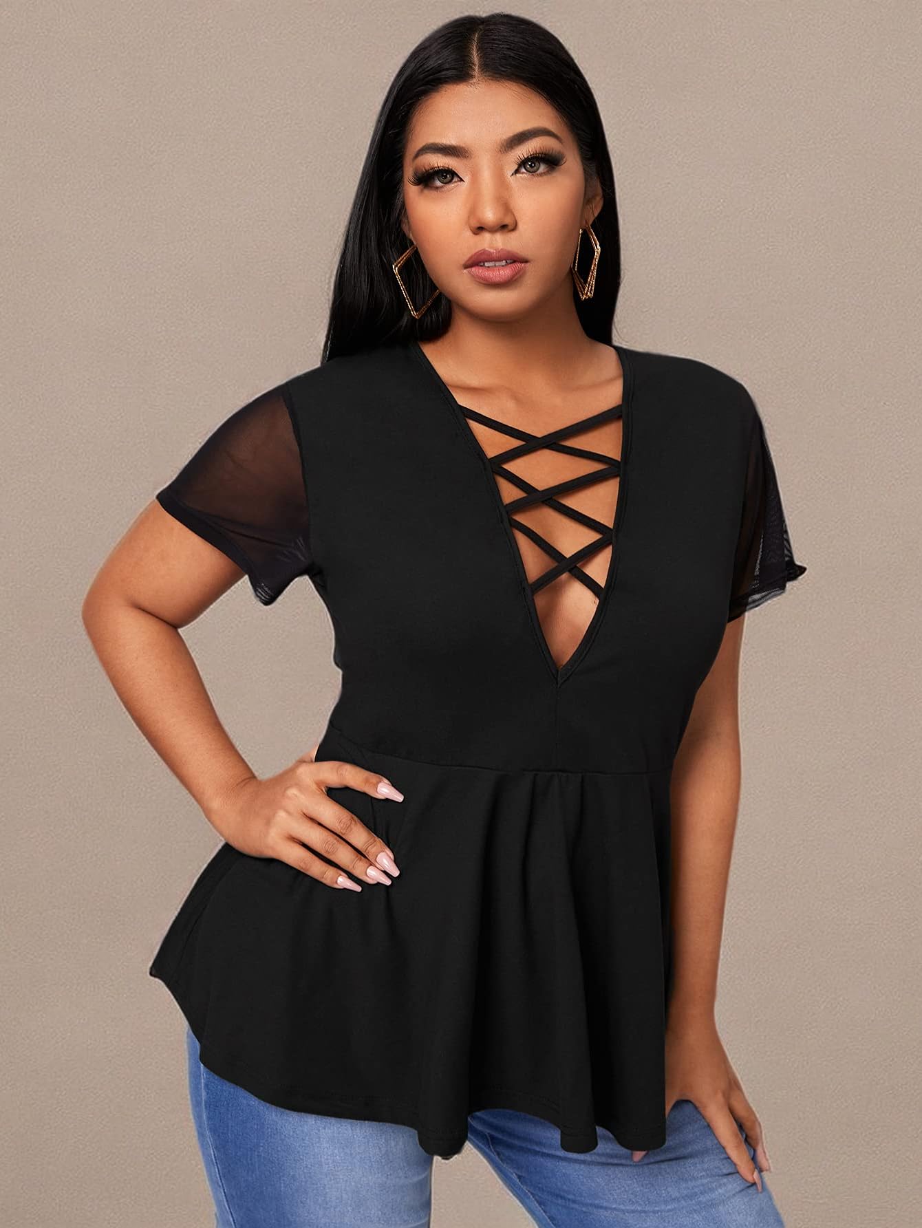 OYOANGLE Women's Plus Size Mesh Short Sleeve Criss Cross Front Plunging Neck Peplum Blouse