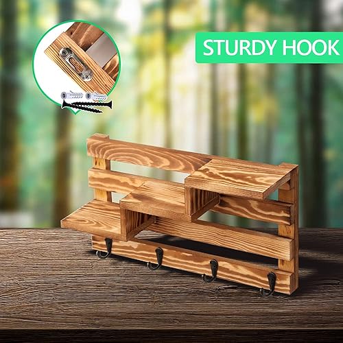 Miniatura 5 de Estante rústico de exhibición de madera quemada para entrada con 4 ganchos para llaves, 15.8 pulgadas, color marrón