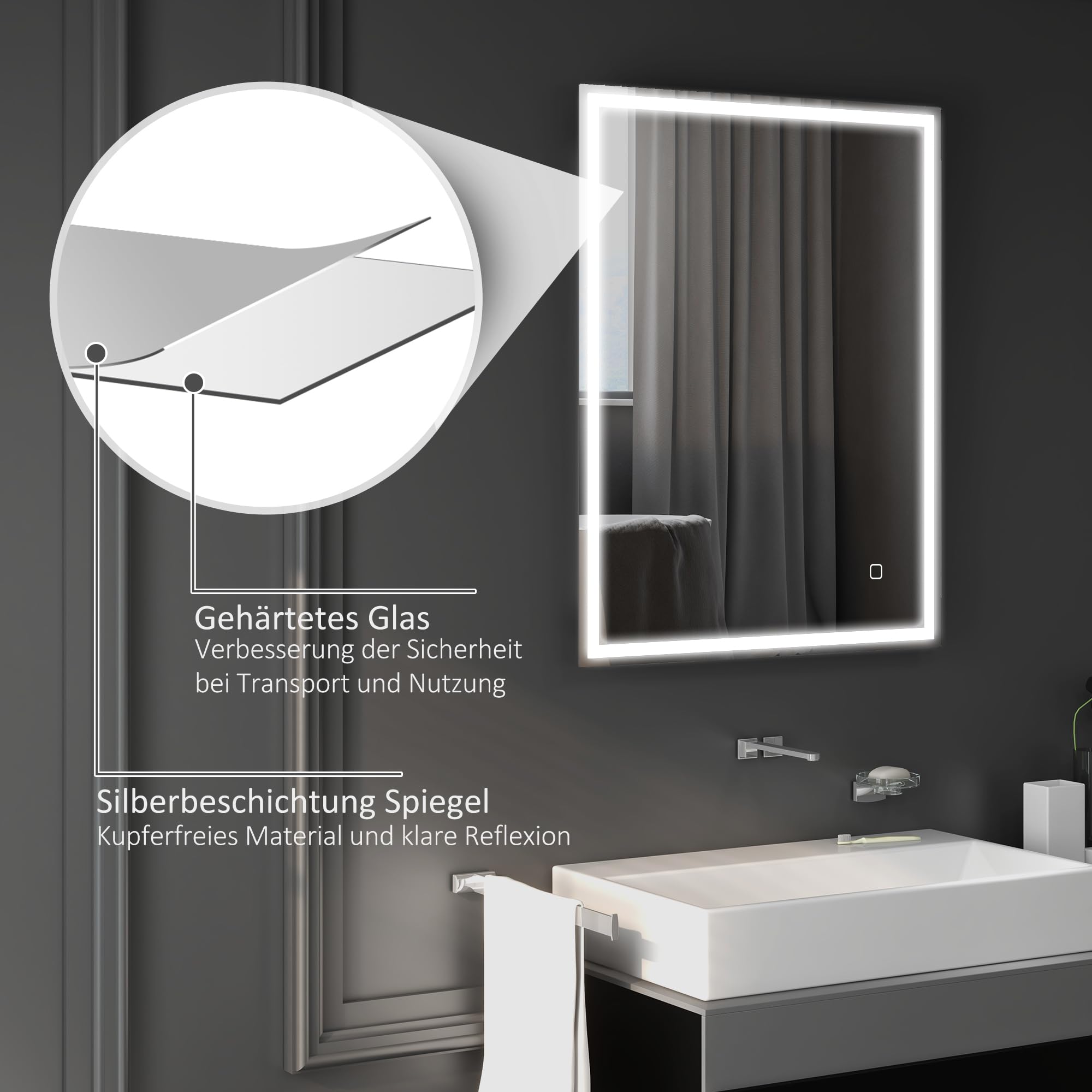 HOMCOM Badspiegel mit Beleuchtung 90x70 cm LED Spiegel Wandspiegel mit Memory-Funktion 3 Lichtfarben Beschlagfrei Lichtspiegel mit Touchschalter Silber