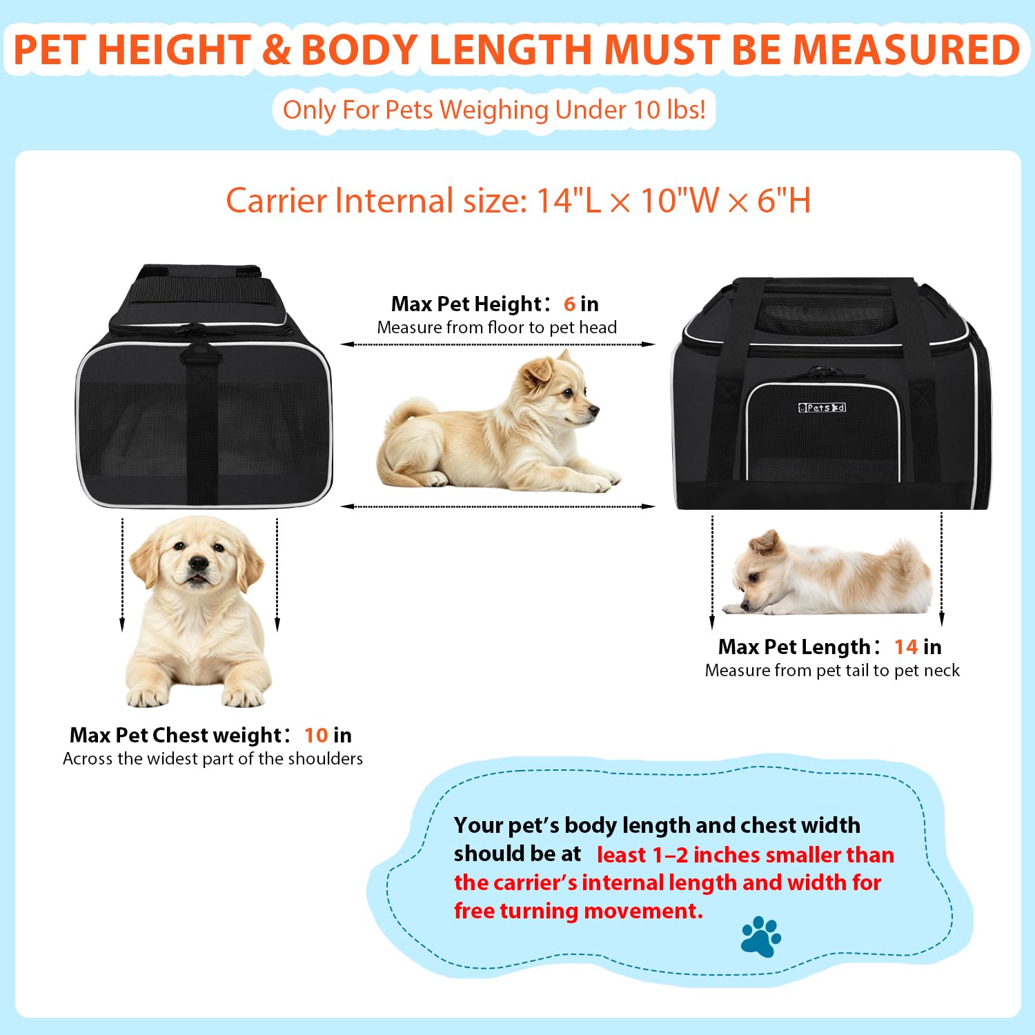 Petskd Transportín con expansión superior y lateral, 41,18 x 30,48 x 21,59 cm, para JetBlue, Frontier y Spirit, blando, perros y gatos pequeños, cremalleras de seguridad y malla antiarañazos (negro)