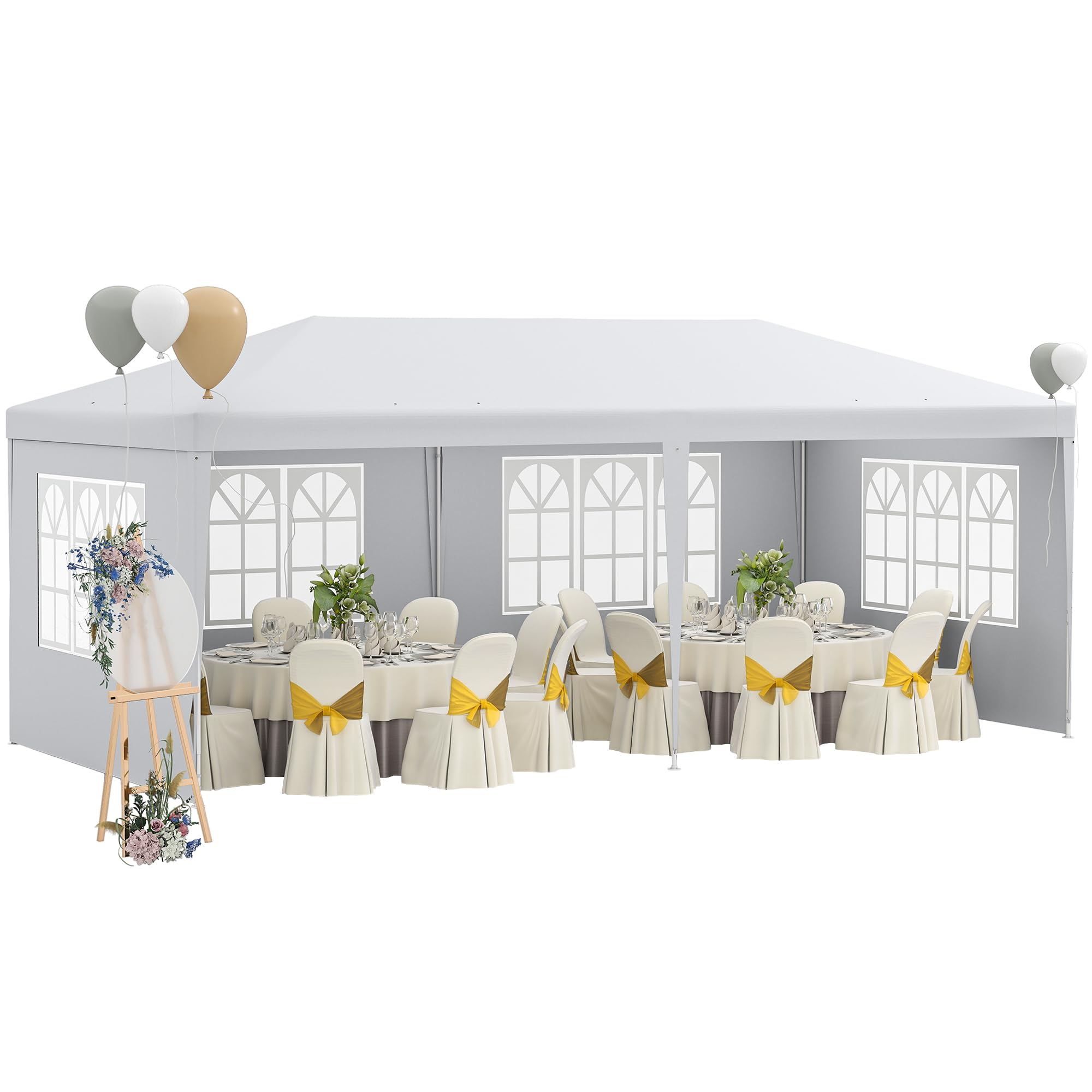 Outsunny Gazebo da Giardino per Eventi con Pareti Laterali Rimovibili, 4 Finestre e 12 Fori di Scarico, Gazebo da Esterno in Acciaio e Polietilene per Matrimoni, Feste, Giardino, Bianco