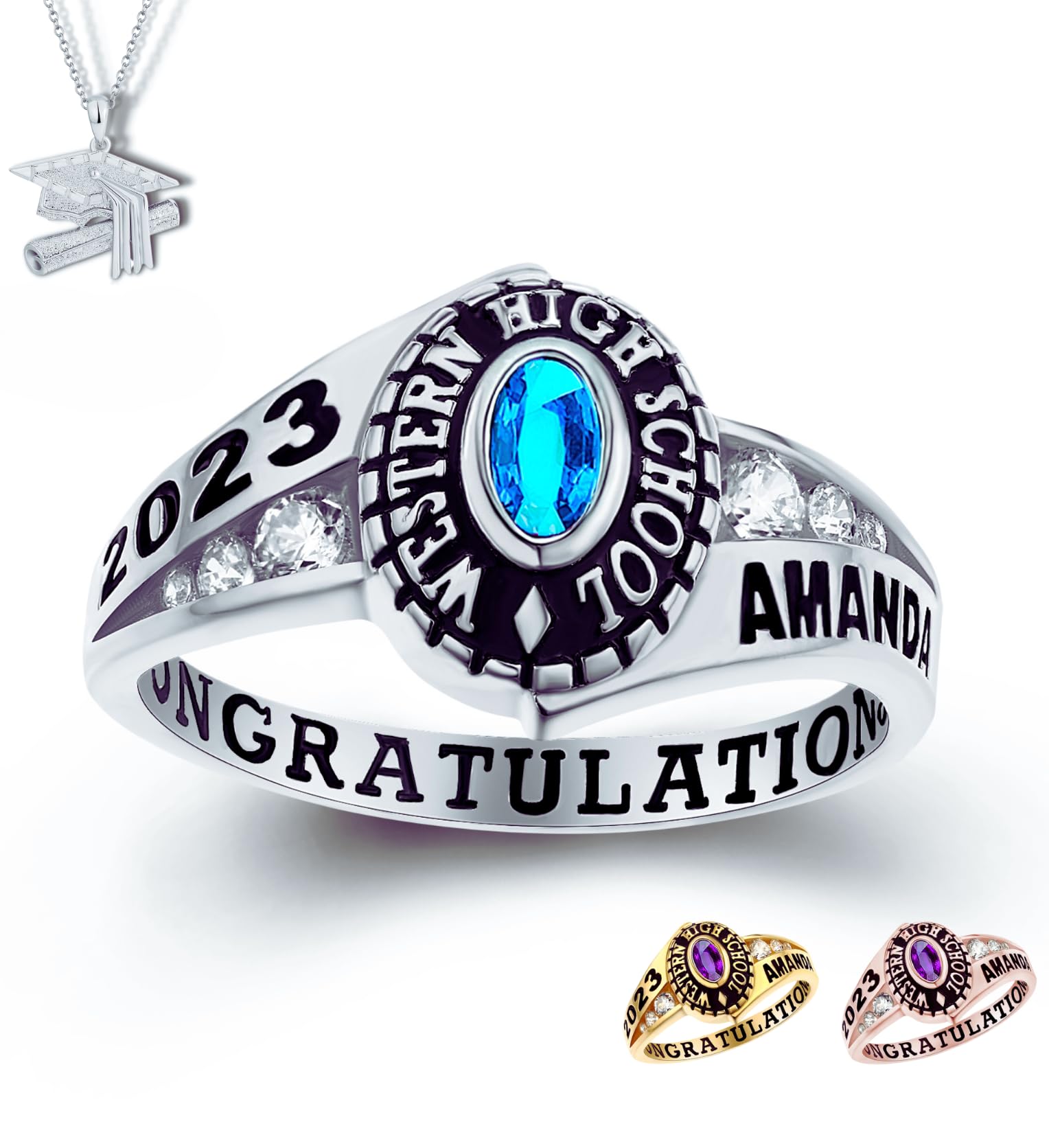 PJM Mementos USA Premium Class Ring Authentic Class Ring for Women – Pageantry Collection – Genuine 925 Sterling Silver or 10KT Gold – Customized High School College University Women's Class Ring – Graduation Gifts