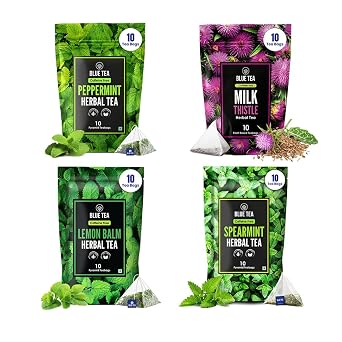 BLUE TEA - Combo of Herbs Spearmint, Peppermint,Lemon Balm,Milk Thistle Tea - 100 Count - Pyramid Plant Based Tea Bags | Zipper Pack