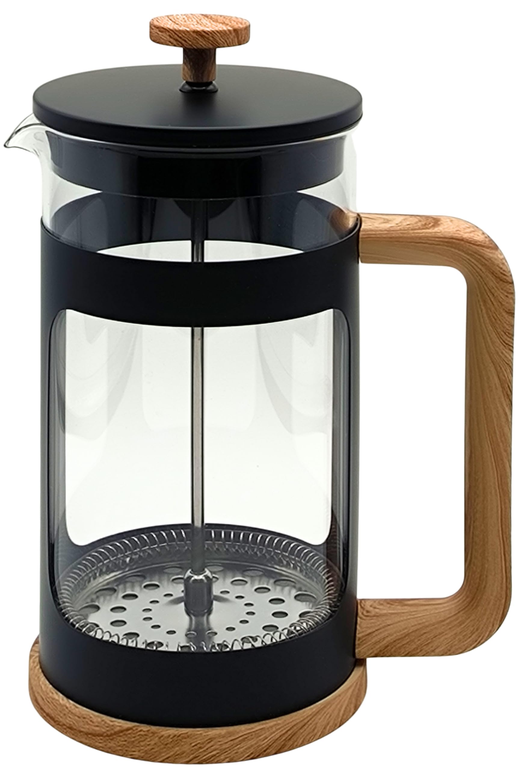 Generisch French Press 1L – Kaffeebereiter aus hitzebeständigem Glas, Edelstahlfilter (feinmaschig), mattschwarz, Griff in Holzoptik, bis zu 4 Tassen (à 250 ml)