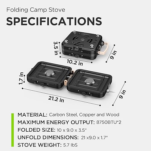 Miniatura 2 de Estufa de propano para acampar de 2 quemadores con bolsa de transporte, quemadores ajustables de 17500 BTU, estufa de gas plegable portátil para