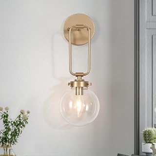 KSANA Modern Gold Wall Sconce, 1-Light Sconce Wall Lighting with Globe Glass Shade Bedside Mounted Lamps Hardwired for Bathroom Hallway Entryway, 14.5" H