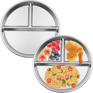 2 Pieces Stainless Steel Plates with Compartments Children Plates with 3