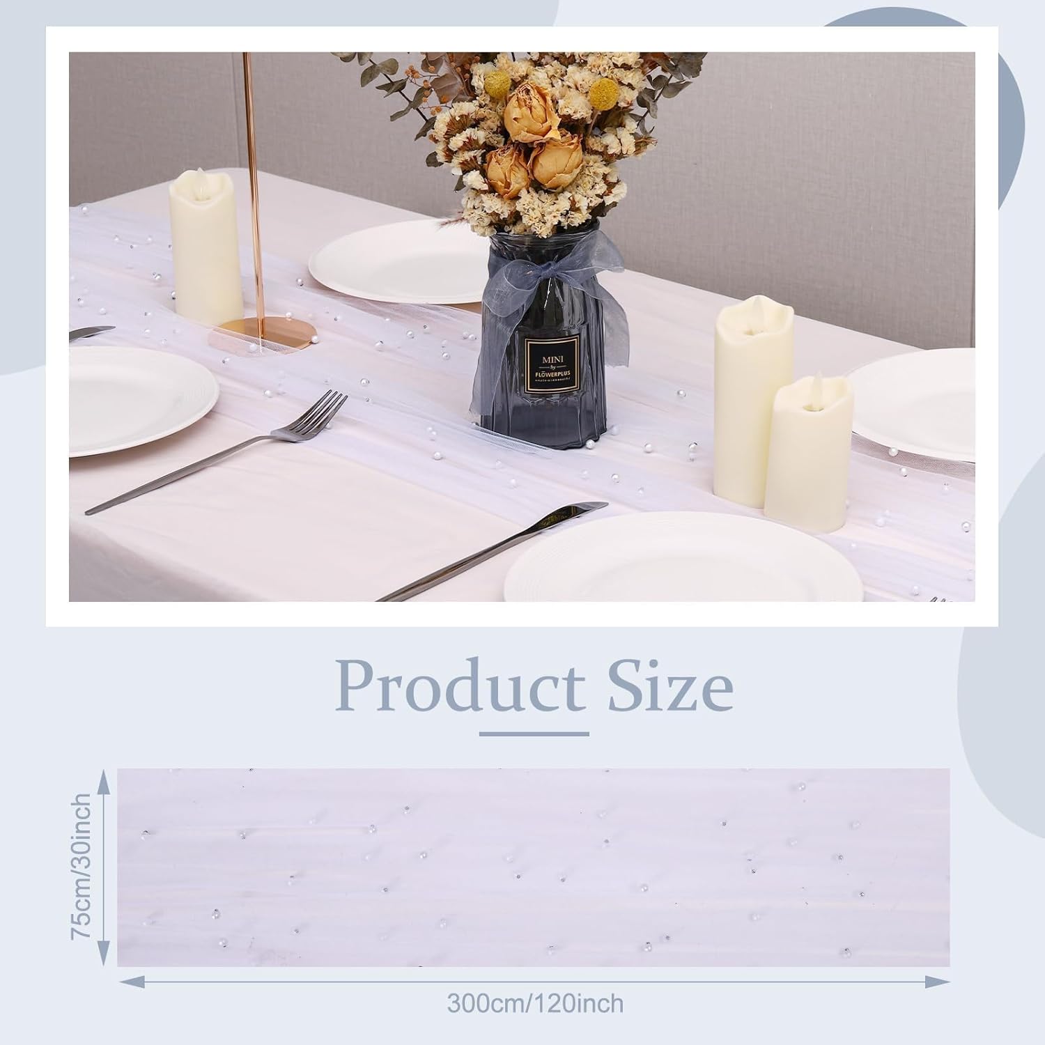 6 Pcs Pearl Table Runner 10FT, 30 x 120 Inch Lvory Boho Rustic Tulle Lace Table Runner for Spring Summer Birthday Baby Shower Wedding Party Table Decor