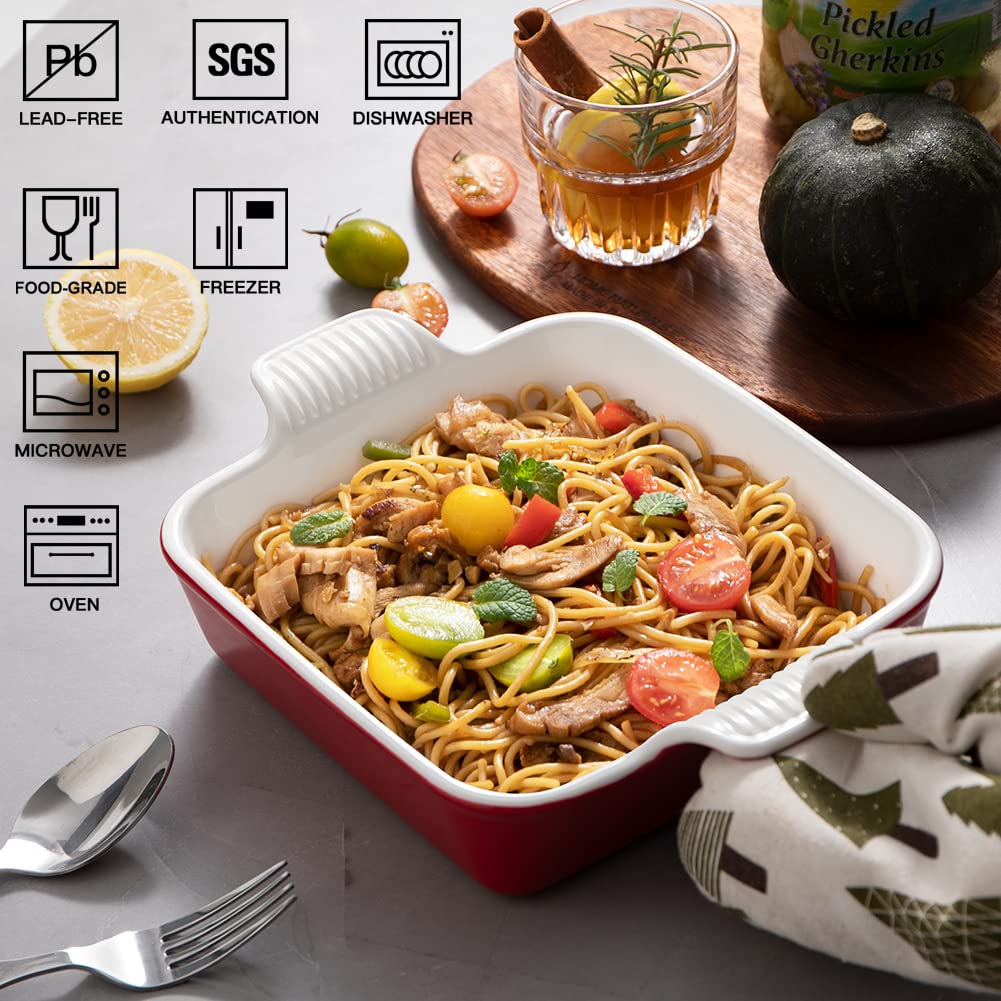 Sweejar Plato de cerámica para hornear, molde para hornear pasteles de 8 x 8 pulgadas, molde cuadrado de porcelana con doble asa para cazuela, lasaña, cena familiar (rojo)
