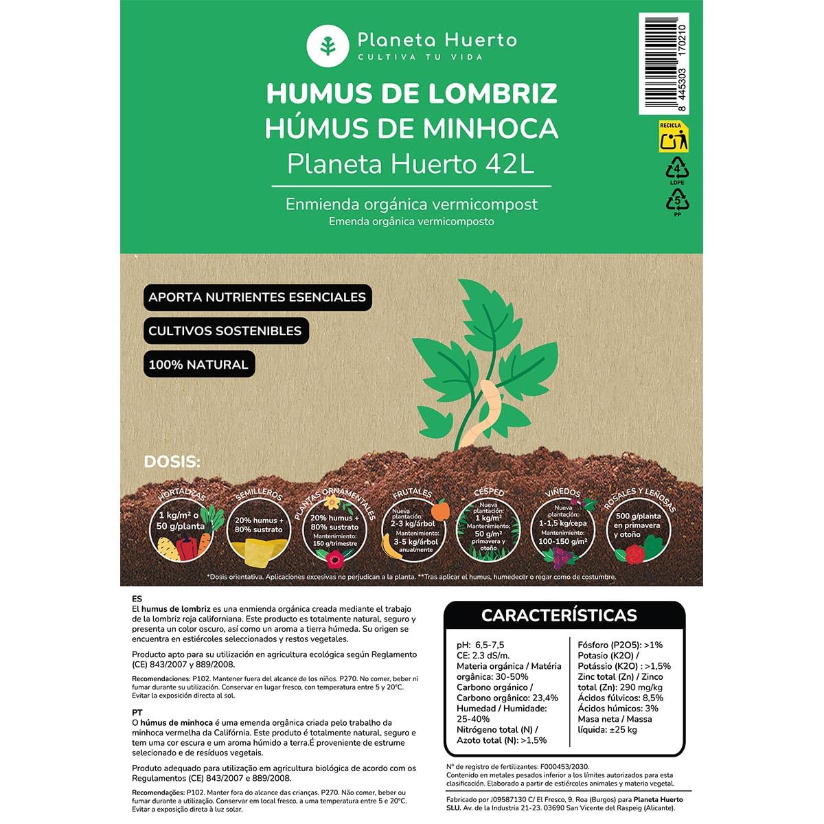 PLANETA HUERTO | Pack 2x Humus de Lombriz 42 L – Humus Enmienda orgánica natural para huerto y jardín, Fertilizante ecológico rico en nutrientes, mejora el suelo y estimula el crecimiento