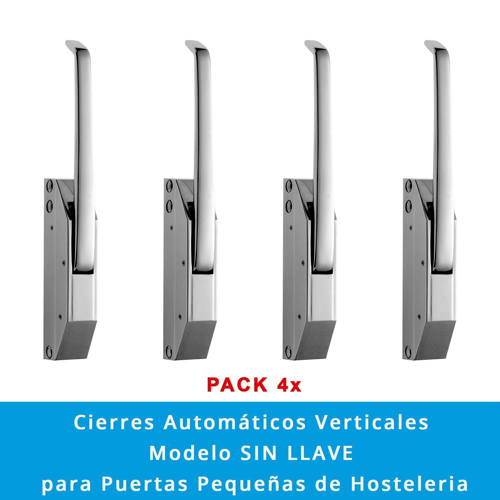 Pack 4 x Cierres Automáticos Verticales Modelo SIN LLAVE Puertas Pequeñas Hostelería | Maneta Nariz Tipo K Epoxi | Fijación Lateral | Intercambiable Derecha e Izquierda | Zamak 5 Cromo Brillo