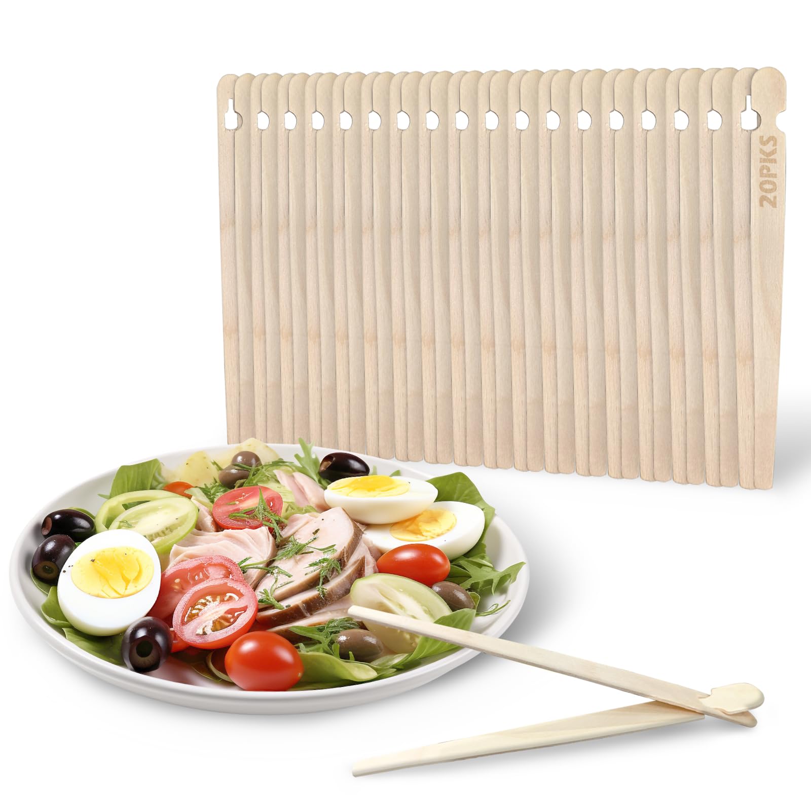 Elfzone Bamboo Skewers - BBQ Skewers Disposable and Collapsible Salad Tongs Natural for Easy Carry & Storage and Serving Food,Wooden Tongs 20pcs