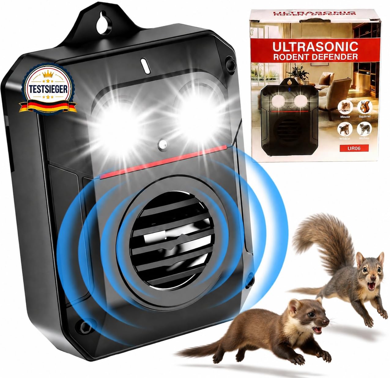 MEKEET Dissuasore per martore per auto, a ultrasuoni | Luce flash a LED, 15-55 kHz, impermeabile IP65, contro martore, topi e ratti, per auto, garage, soffitta