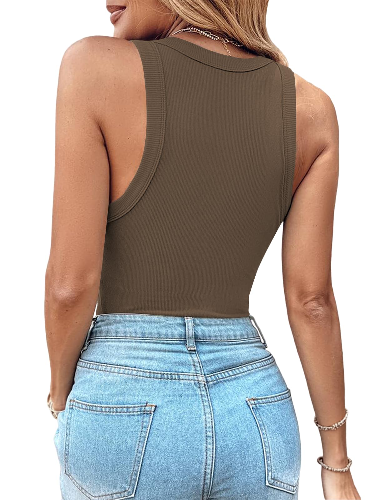 Cuptacc Tank Top damski okrągły dekolt, prążkowany, letni top z szerokimi ramiączkami, krój slim fit, bez rękawów, koszulka basic