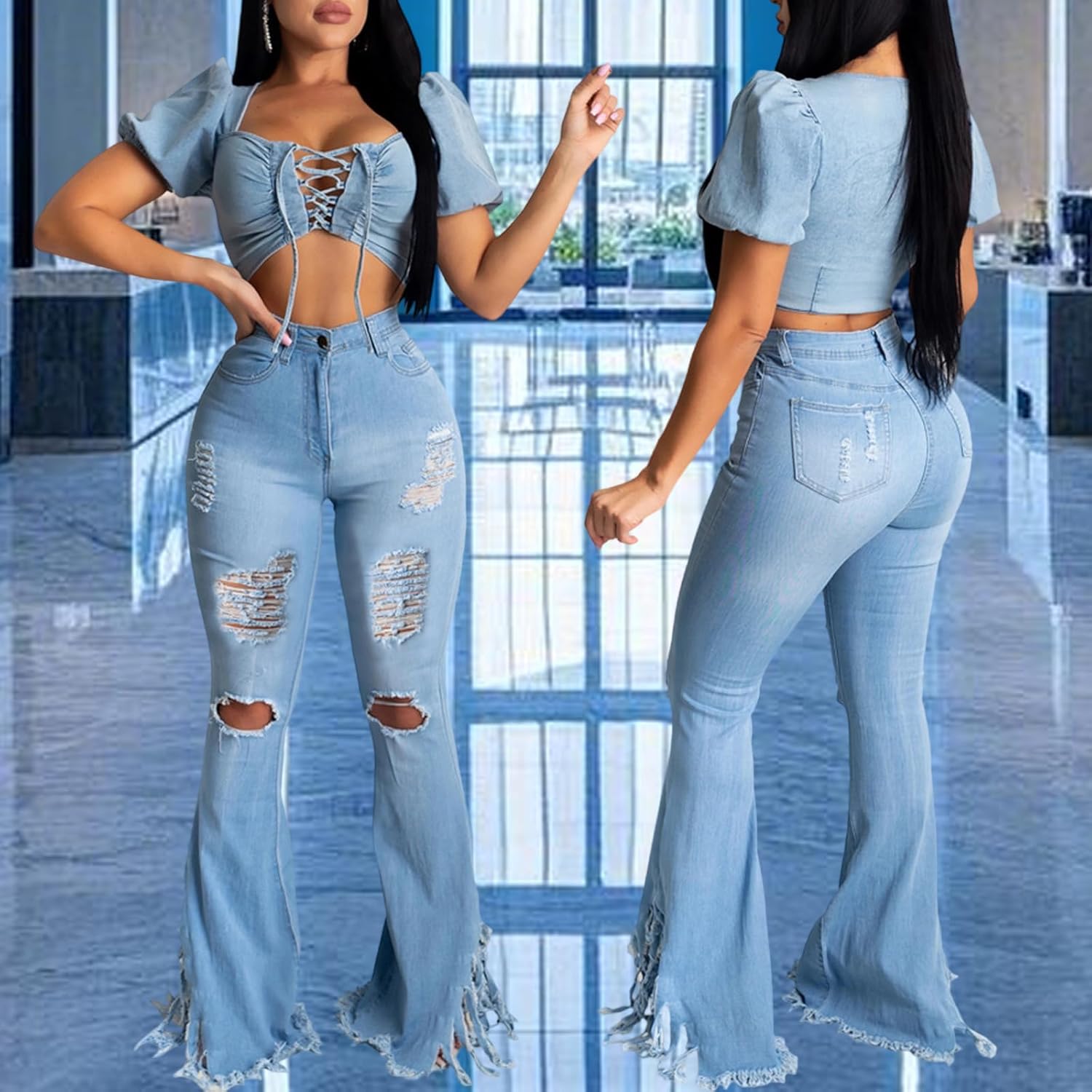 70s Bell Bottom Jeans for Women Elastic High Waisted Raw Hem Denim Pants Classic Vintage Flared Jeans - Image 3