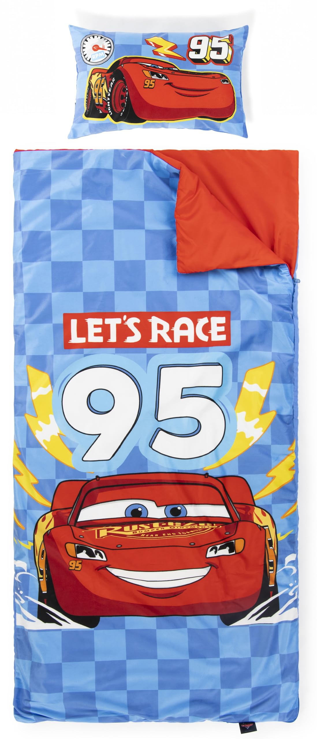 Jay Franco Kids Slumber Bag and Pillow - 54 x 27 Inch Comfy Indoor Sleeping Bag for School and Sleepovers, 2 Piece Set, Blue - Cars