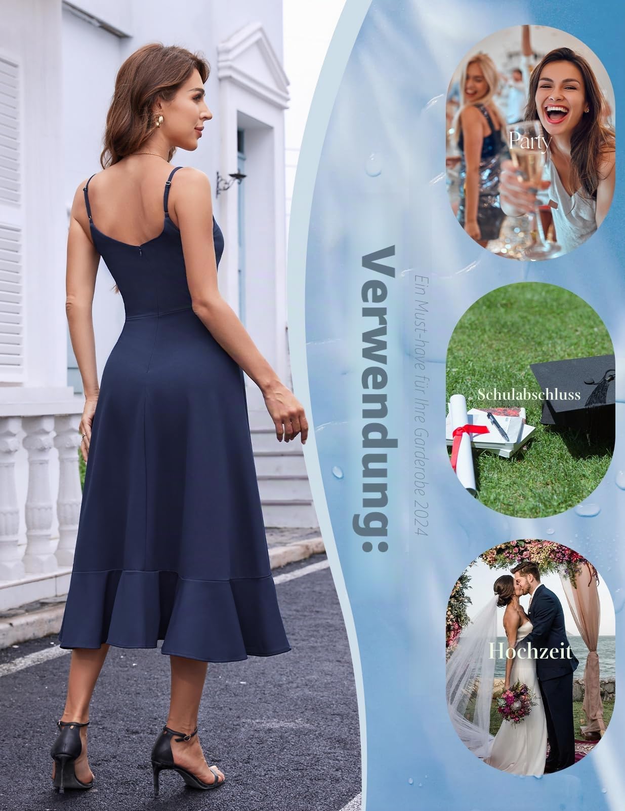 DRESSTELLS Cocktailkleid Damen Festlich Träger Hochtief Kleid für Hochzeit Knielang Weihnachtsfeier Kleider Elegantes Partykleid