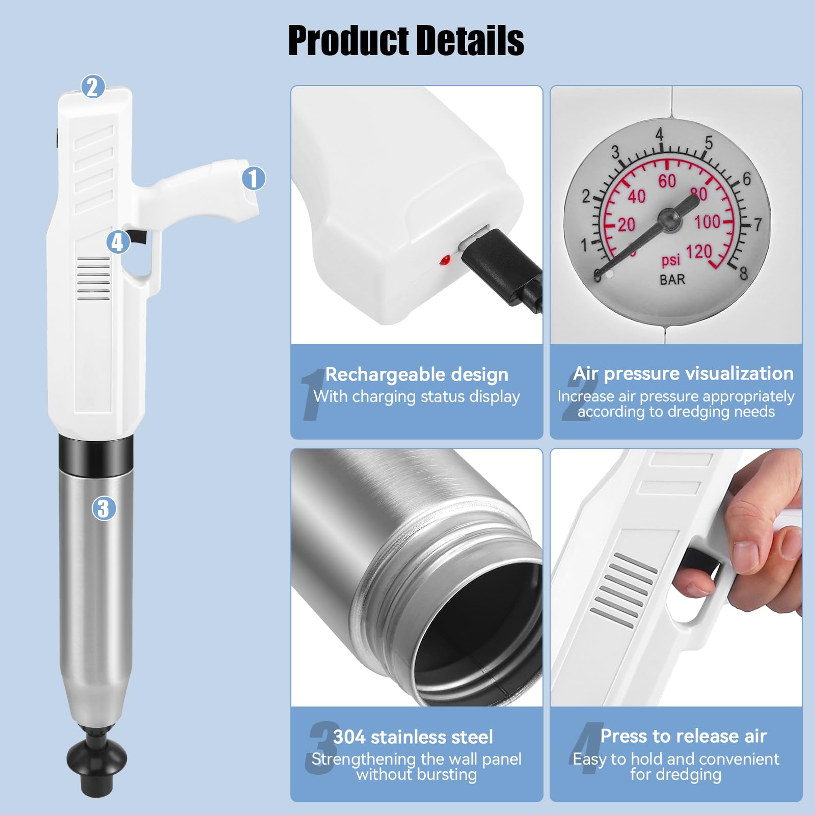 Déboucheur WC Électrique, Déboucheur de Toilette Haute Pression, Déboucheur Canalisation Air Comprimé avec 4 Têtes Remplaçables, pour Déboucher les Toilettes, Drain de sol, Lavabo, Baignoire
