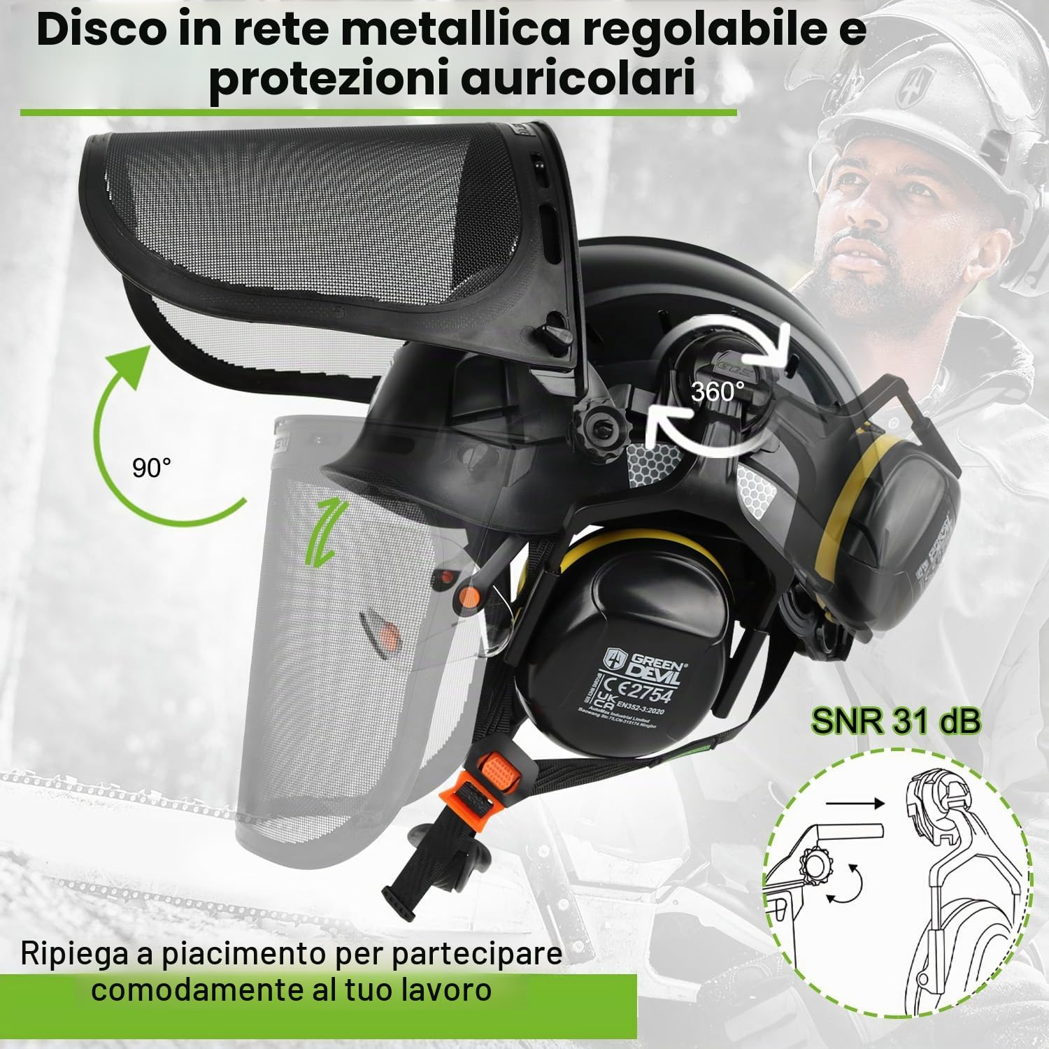 GREEN DEVIL Casco protettivo per motosega, certificato EN397, sistema 5 in 1, con protezione del viso, visiera integrata e paraorecchie – ventilato, per cascate e giardinaggio, unisex