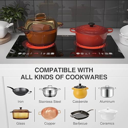 Miniatura 4 de Estufa eléctrica de 2 quemadores de 24 pulgadas, estufa eléctrica de 110 V, quemador infrarrojo de 2200 W, compatible con todos los utensilios de