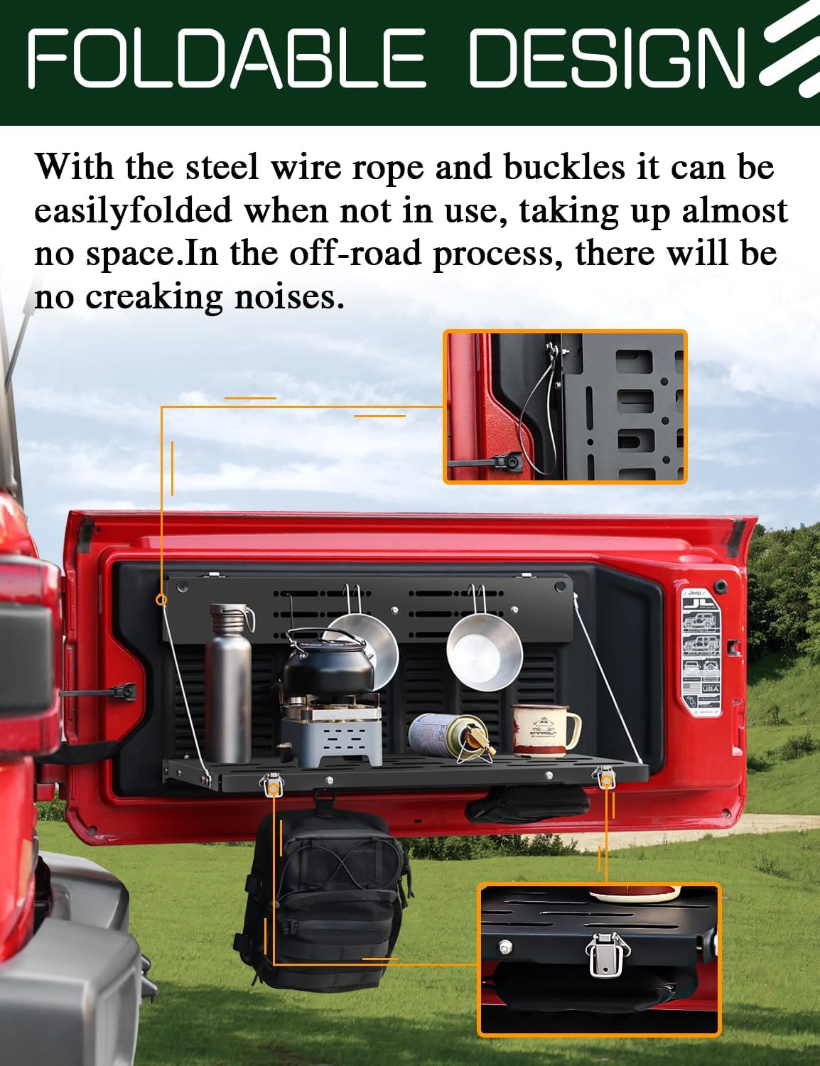 JROAD Non-Destructive Installation Wrangler JL Tailgate Table for 2018-2024 Jeep Wrangler JL JlU Rear Door Foldable Storage Shelf MOLLE Panel (Exclude 2020-2022 Gladiator JT)