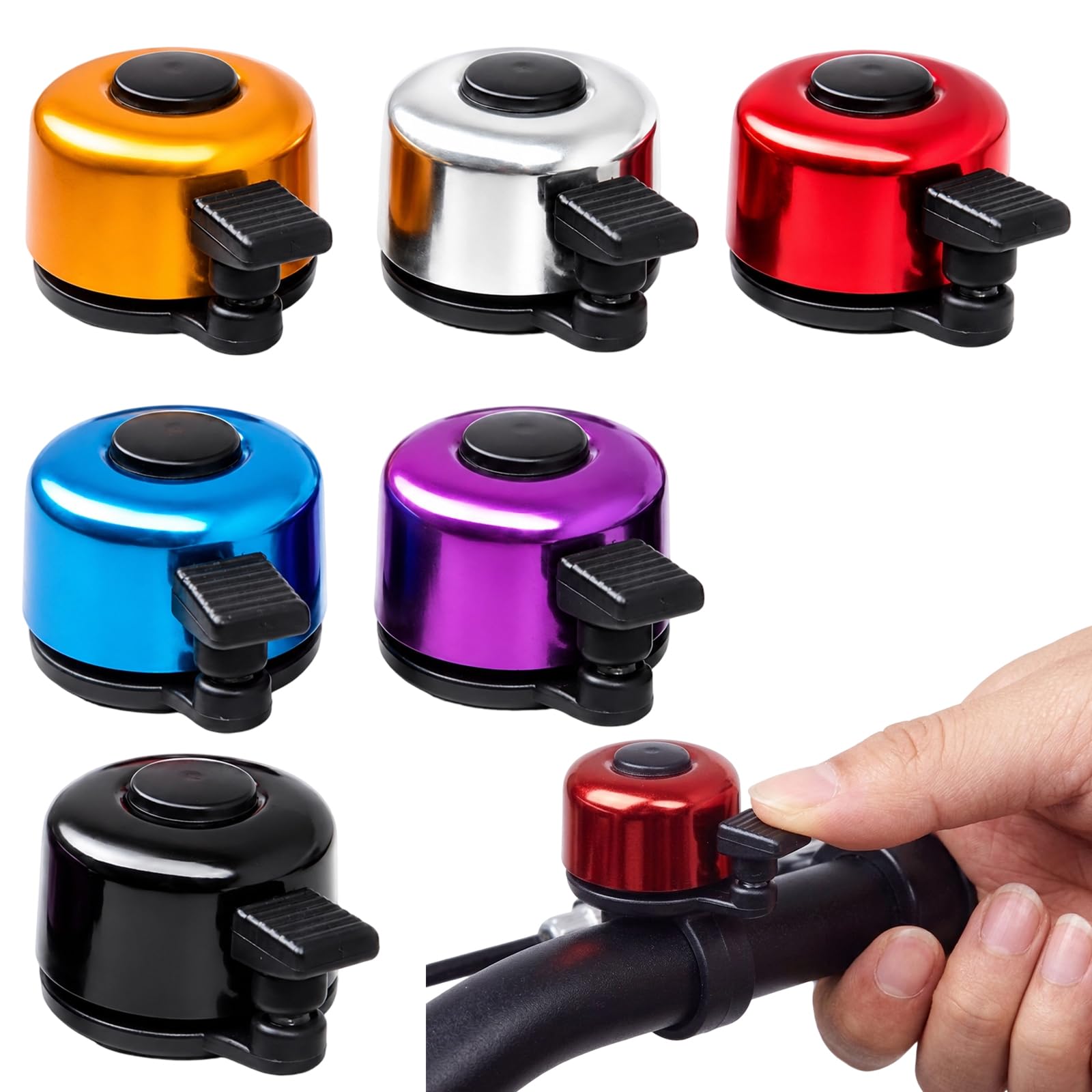 Bike Bell, Bicycle Bell Adult Bike with Loud Crisp Sound, Road and Mountain Bike Bell, 6-Pack Colorful Bells for 22mm Handlebar, Black White Red Blue Yellow Purple
