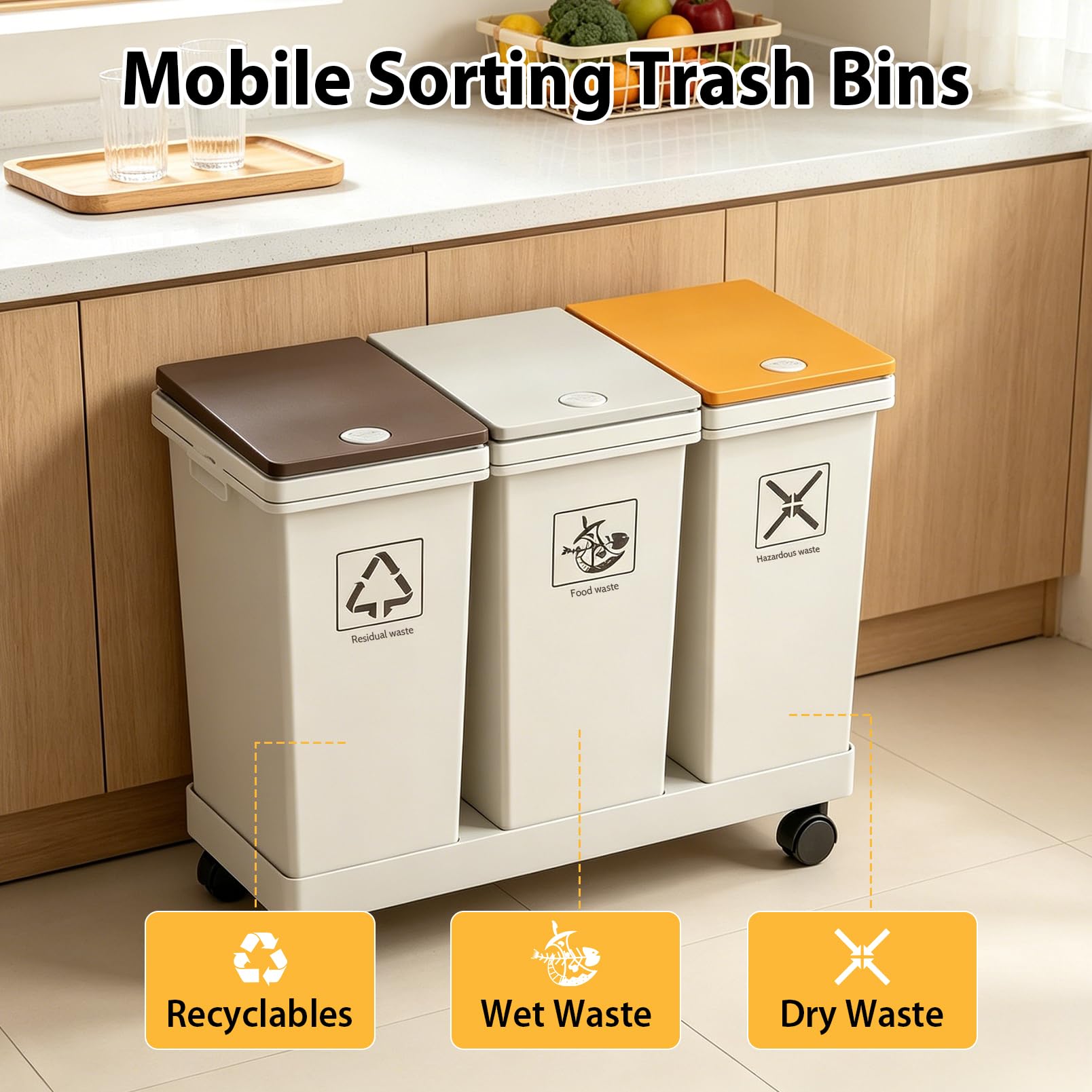 Lot de 3 poubelles, 3 x 12 l, système de tri des déchets de cuisine avec pied | Poubelle différenciée amovible, poubelle de recyclage avec couvercle et roulettes, pour cuisine, maison, bureau, poubelle