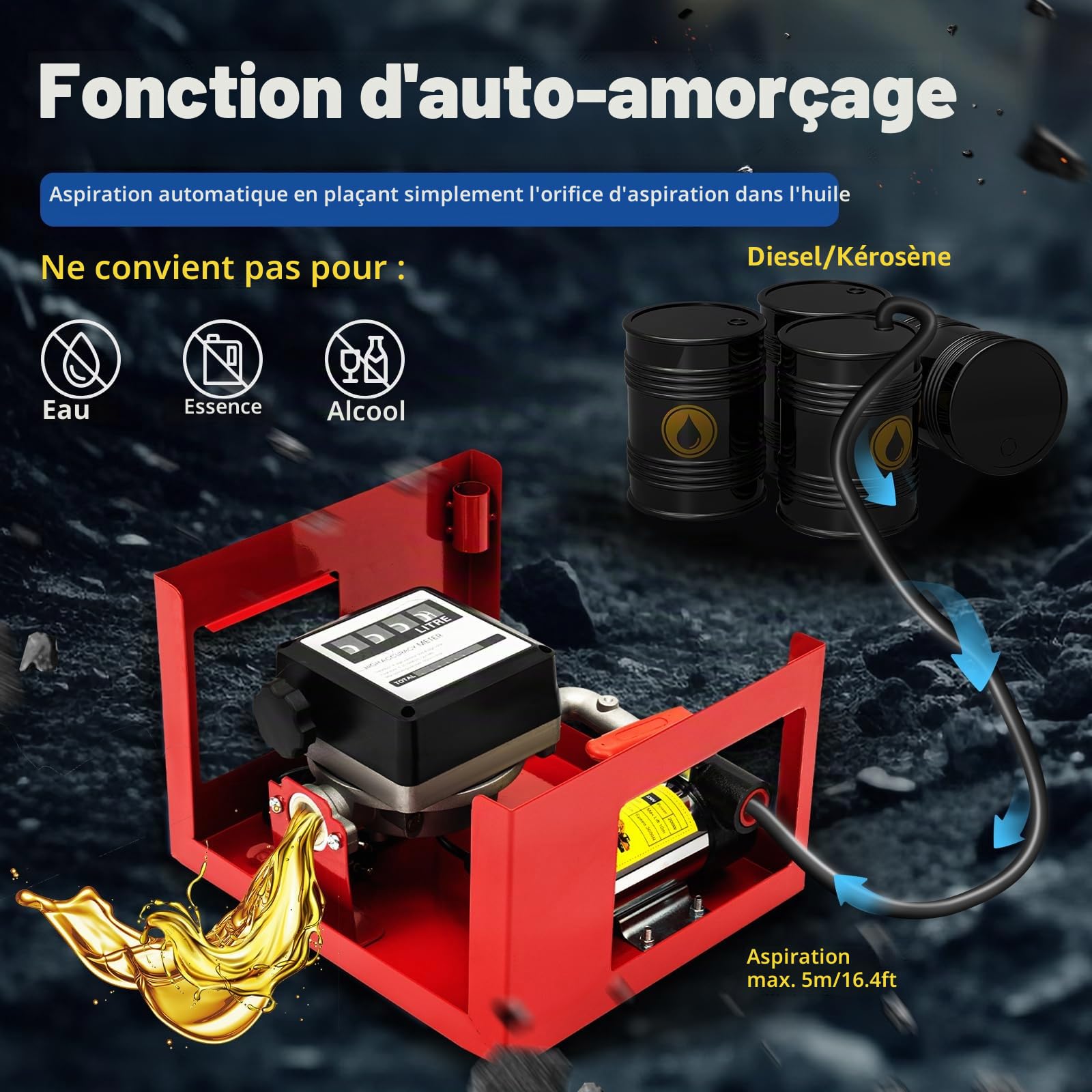 Pompe à diesel 230 V auto-amorçante 500 W Pompe à mazout Pompe à huile professionnelle 50 l/min Pompe à carburant auto-amorçante avec pistolet automatique, compteur et tuyau de 4 m