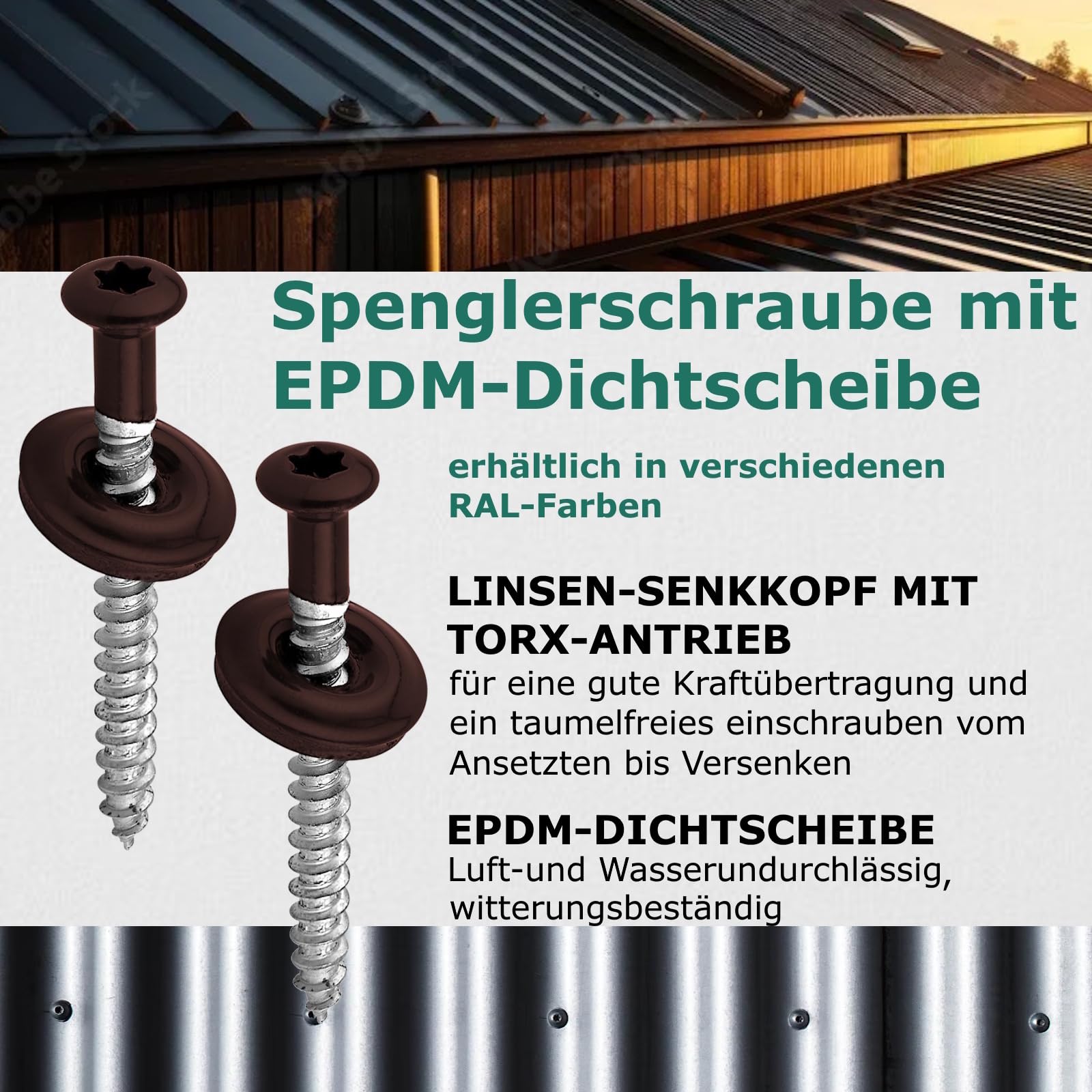 DSM | Zestaw 100 śrub szczelnych brąz sepii 4,5 x 25 mm | Stal szlachetna A2 – Lakier RAL 8014 | Z podkładką uszczelniającą EPDM (15 mm) | Napęd TX | Zgodne z normą DIN 7995 / DIN 9171 |