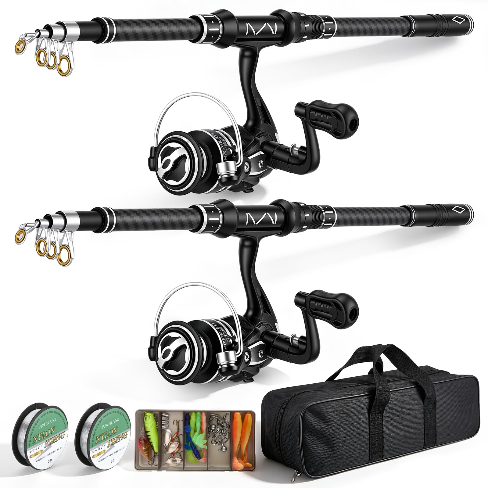 Angelset mit 2 Teleskop-Angelruten, 1,8m Carbon Angelrute Set Komplett 2 Spinnrolle, Angelwerkzeug-Set, Köderbox & Tragetasche, Leichte & robuste, für Salz-/Süßwasser, Reisen – Angelgeschenk
