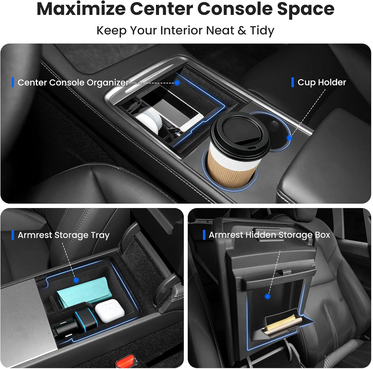 4Pcs Center Console Organizer Tray for Tesla Model 3 2021-2023 and Model Y 2021-2024 Interior Accessories, Armrest Hidden Storage Box for Model 3 21 22 23, Cup Holder Insert for Model Y 21 22 23 24 image 3