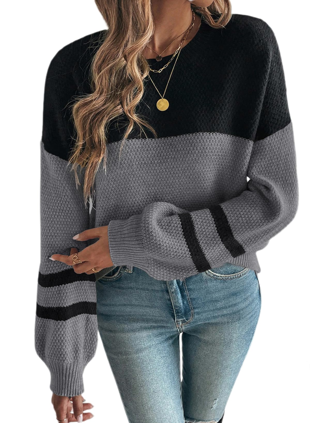 Womens Sweaters Color Block Striped Lantern Sleeve Pullover Crewneck Top Chunk Knit Sweaters Fall Tops