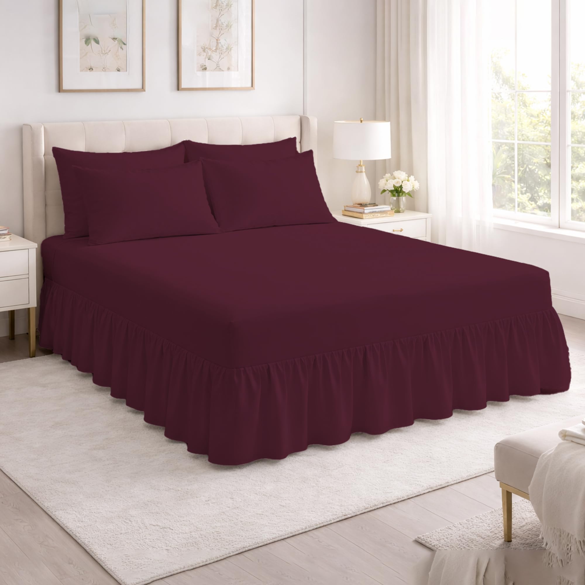 Reliancebedding Burgundy Super King Valance Fitted Sheet 100% Egyptian Cotton 400Tc Luxury Frilled