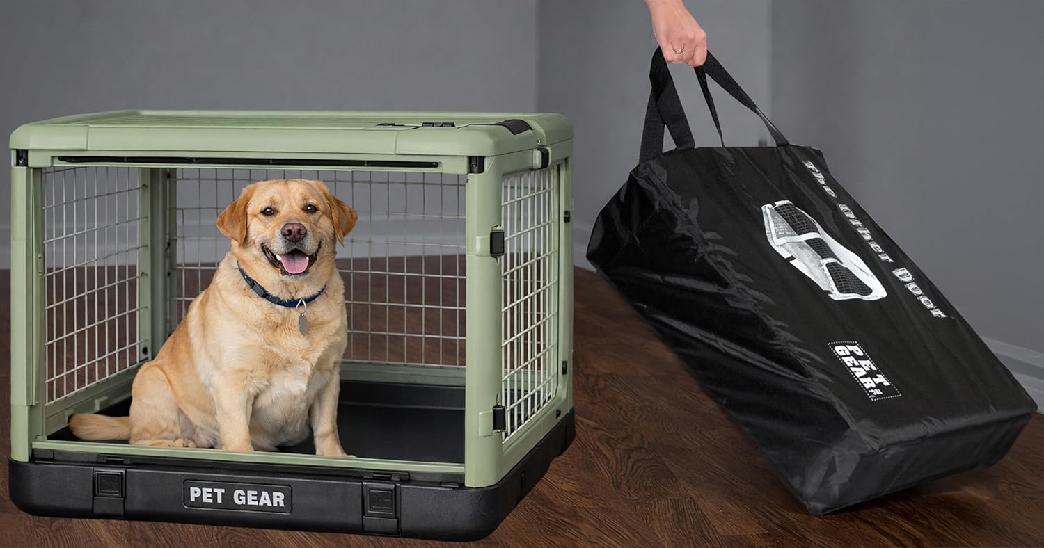 Pet Gear “The Other Door” 4 Door Steel Crate for Dogs/Cats with Garage-Style Door, Includes Plush Bed + Travel Bag, No Tools Required, Green Clover, 36 Inch