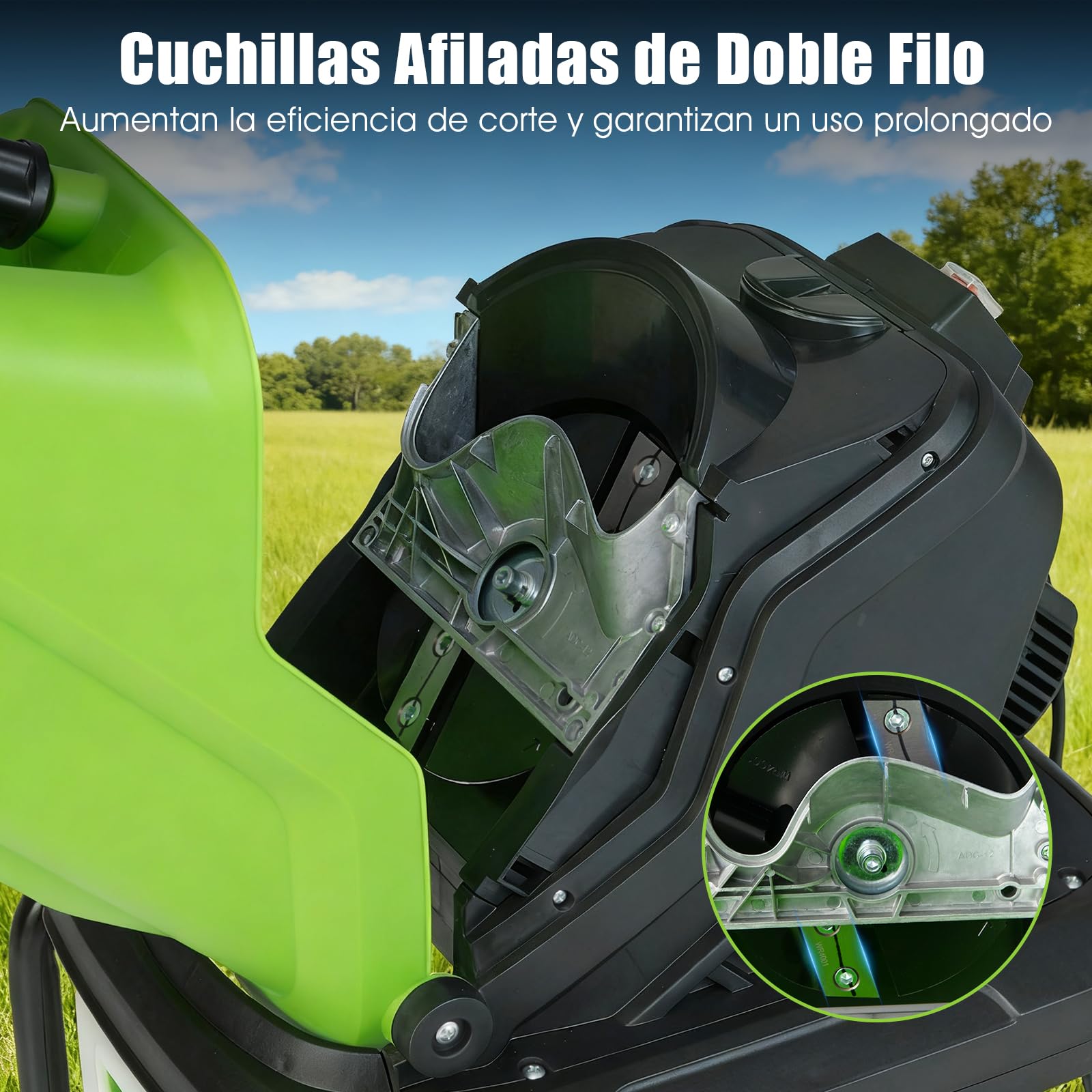 GOPLUS Trituradora Eléctrica 3000 W, Trituradora de Ramas con Caja de Recogida 50 L, Reducción 15: 1, Ø 45 mm, Cuchillas de Doble Filo, 4500 RPM Biotrituradora con Ruedas, para Jardín Patio (Verde)
