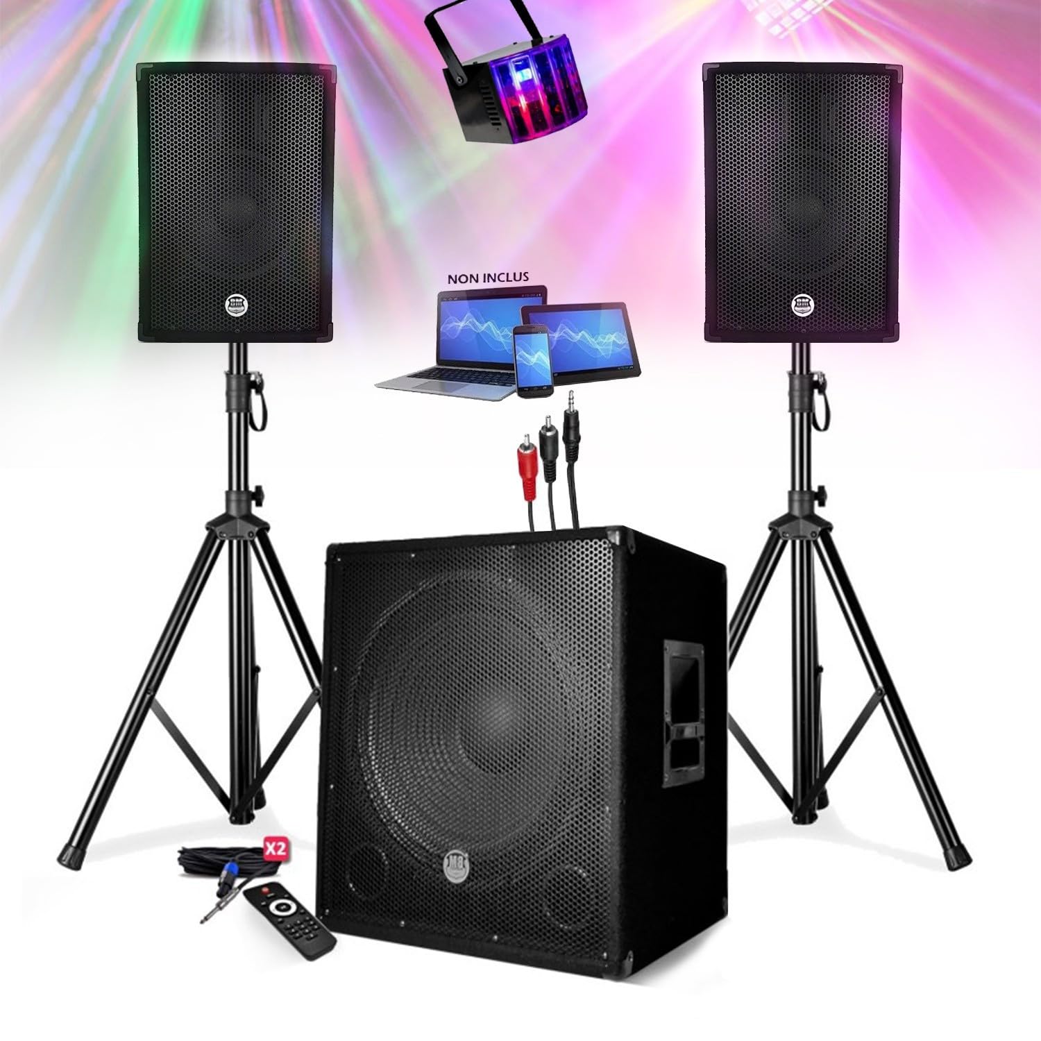 Pack de sonido altavoz + SUBWOOFER 1800 W USB Bluetooth + PIES + CABLES y DERBY LED ofrecidos - PA DJ SONO MIX Noche disco móvil