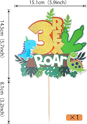 Miniatura 2 de Rsstarxi 1 paquete de decoración para tartas de dinosaurio de tercer cumpleaños con hojas de garra, número 3, tres rex, para decoración de tartas