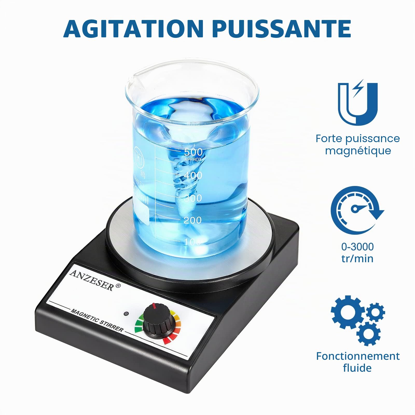 Agitateur Magnétique de Laboratoire 3500 tr/min, Capacité d'agitation maximale : 3000ml, Type d'agitation