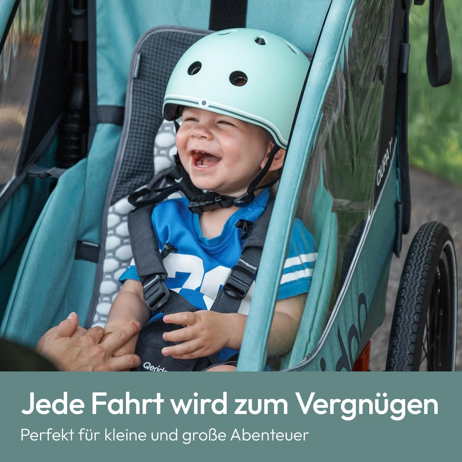 Qeridoo QUPA 1 Plus Mineral Blue |Fahrradanhänger 1 Kind mit Federung & 3-in-1-Verdeck |Kinderfahrradanhänger & Jogger Kinderwagen | Faltbarer Fahrrad Anhänger Kinder |Sicher & Komfortabel im Alltag