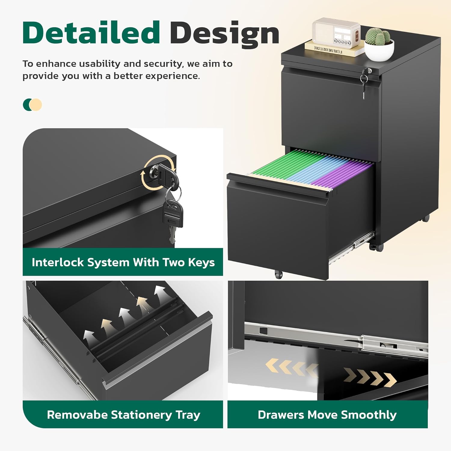 Greenvelly 2 Drawer Mobile File Cabinet with Lock, Metal Filing Cabinet on Wheels, Under Desk File Cabinet for Home Office Organizer Letter/Legal/A4 File (Assembly Required, Black)