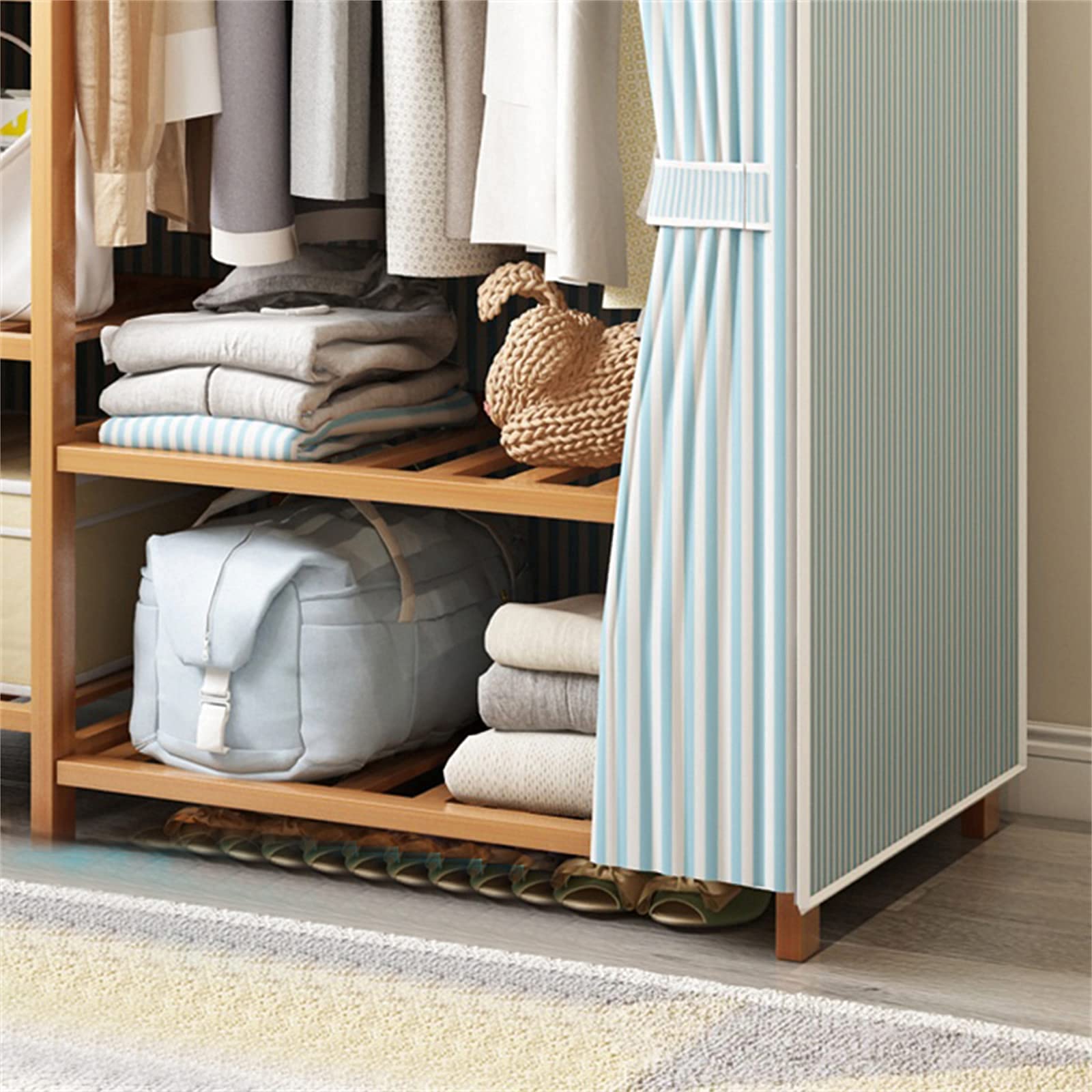 Penderie Portable Armoire en Tissu Armoires de Chambre à Coucher en Tissu,Assemblage en Bois Massif Organisateur de Stockage de Garde-Robe Suspendu Ouvert Séparateurs de Garde-Robe pour Vête