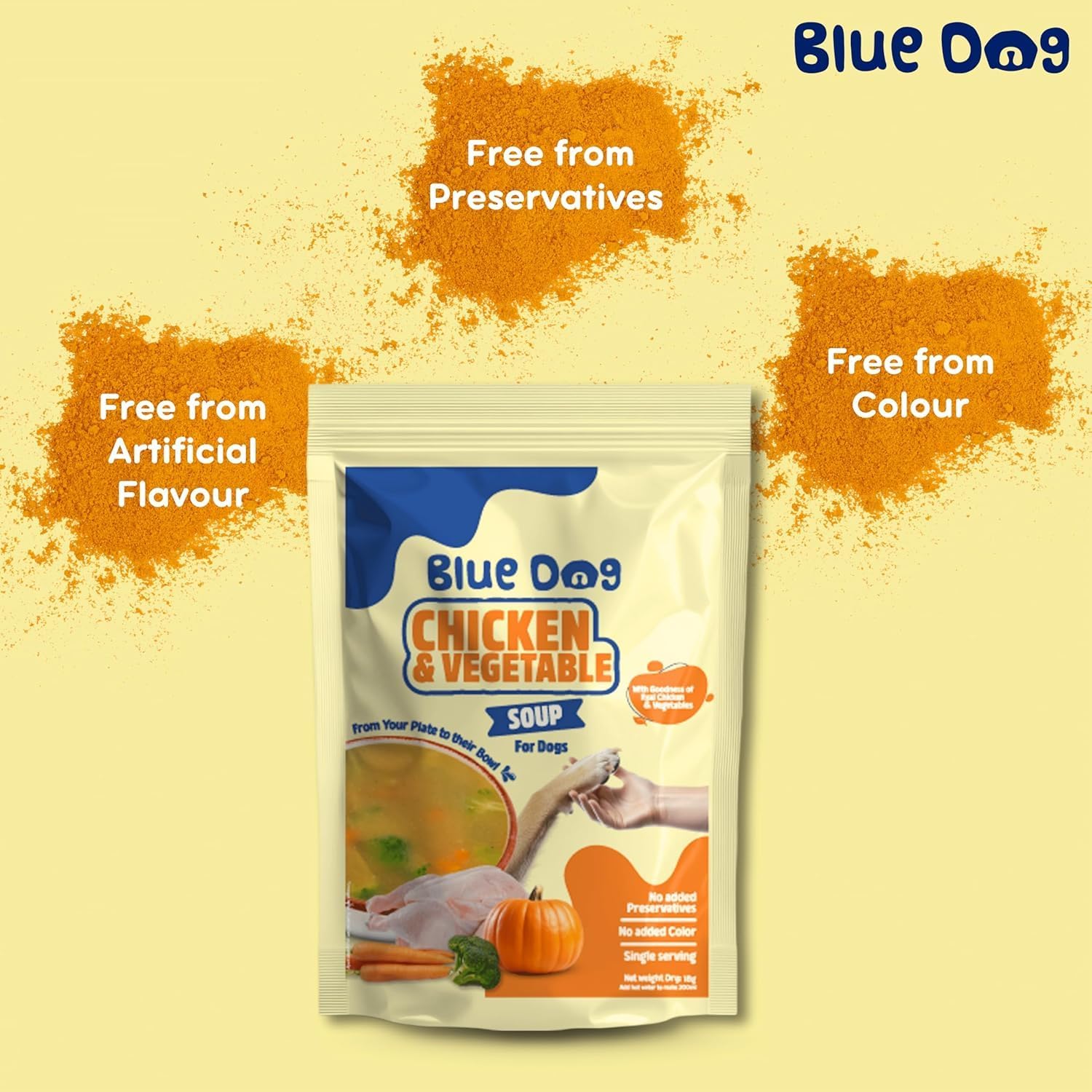 BLUE DOG Chicken and Vegetable Soup |Dog Food | Instant Mix for Dogs | Easy to Digest |Human-Grade Ingredients| No preservatives,No Added Colours, No Artificial Flavours | DogsTreats Pack of 4 18g 2