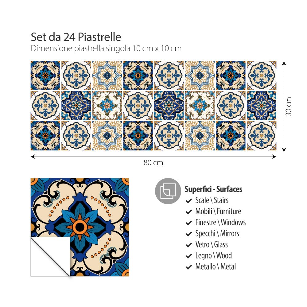 RE-COVERTILES - Adesivi per Piastrelle Bagno e Cucina 24 Pz 10x10 cm - PS00029 Decorazione murale in PVC impermeabile mattonelle mosaico stile cementine Azulejos