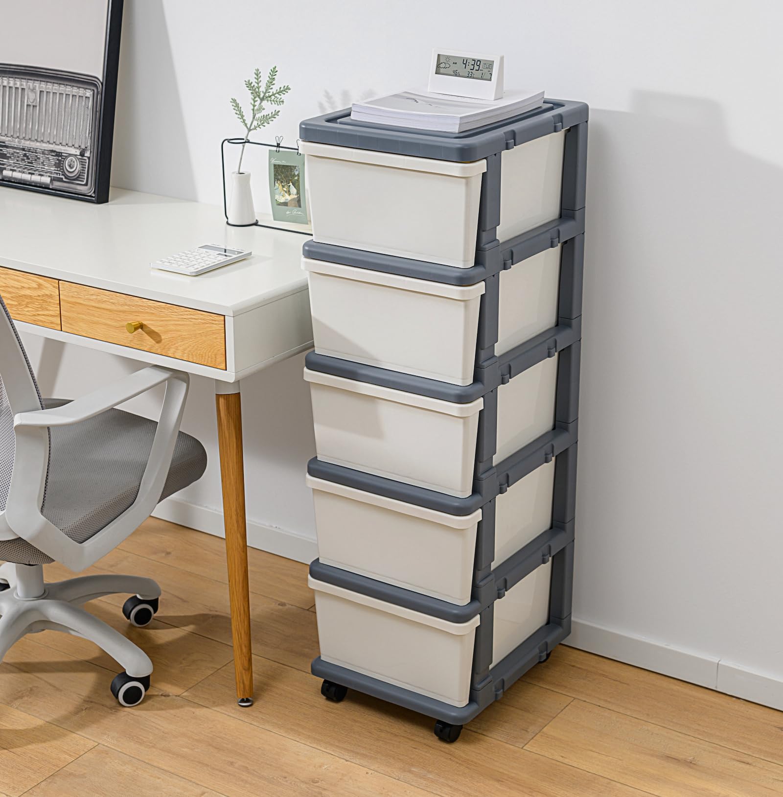 Cetomo Cassettiera Impilabile 5L X 3 | Organizzatore Plastica Bianco/Trasparente Per Casa E Ufficio - Foto 3