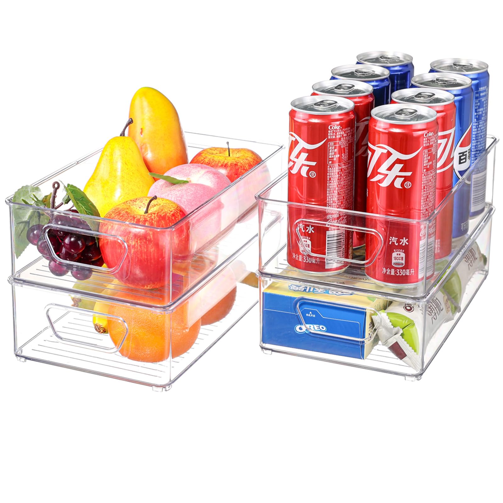SuoXing Contenedores de almacenamiento de plástico transparente, paquete de 4 contenedores organizadores apilables para refrigerador, contenedor de almacenamiento de alimentos de despensa con asa,