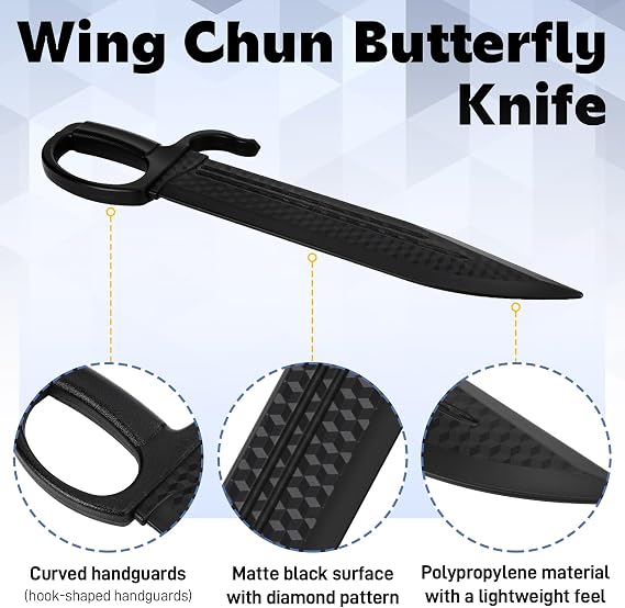 2 Pcs 18.3'' Polypropylene Wing Chun Black Sword Plastic Butterfly Knife Training Sword Polypropylene Weapons Martial Arts Practice Gear Parrying Trainer U-Shaped Hand Guards