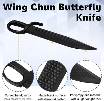 2 Pcs 18.3'' Polypropylene Wing Chun Black Sword Plastic Butterfly Knife Training Sword Polypropylene Weapons Martial Arts Practice Gear Parrying Trainer U-Shaped Hand Guards