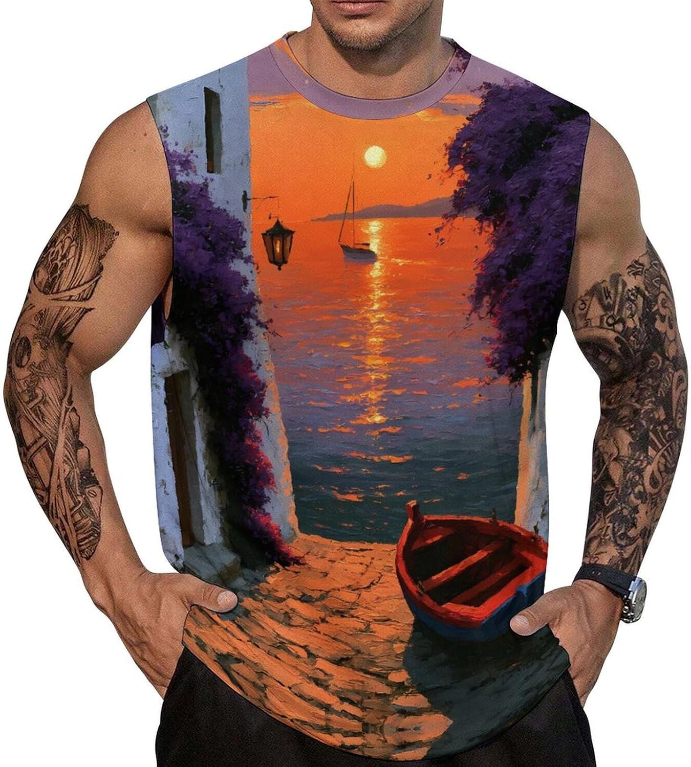 Mediterranean Bougainvillea Sunset Men Summer Sleeveless Crew Neck Top 5XL