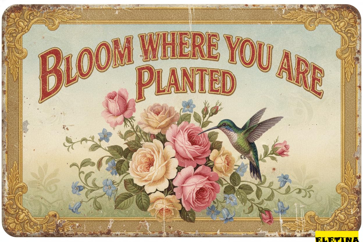 Bloom Where You Are Planted Hummingbird Tin Sign, 8x12